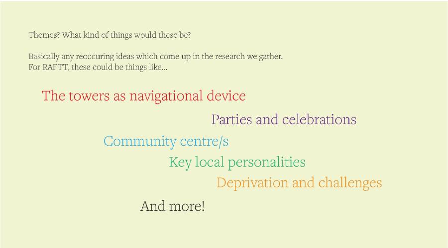 Some colourful text laid out artisticaly. Text reads: Themes? What kinds of things would these be? Basically any reoccuring ideas which come up in the research we gather. For RAFTT these things could be like... the towers as navigational device; parties and celebrations; community centre/s; key local personalities; deprivation and challenges; and more!